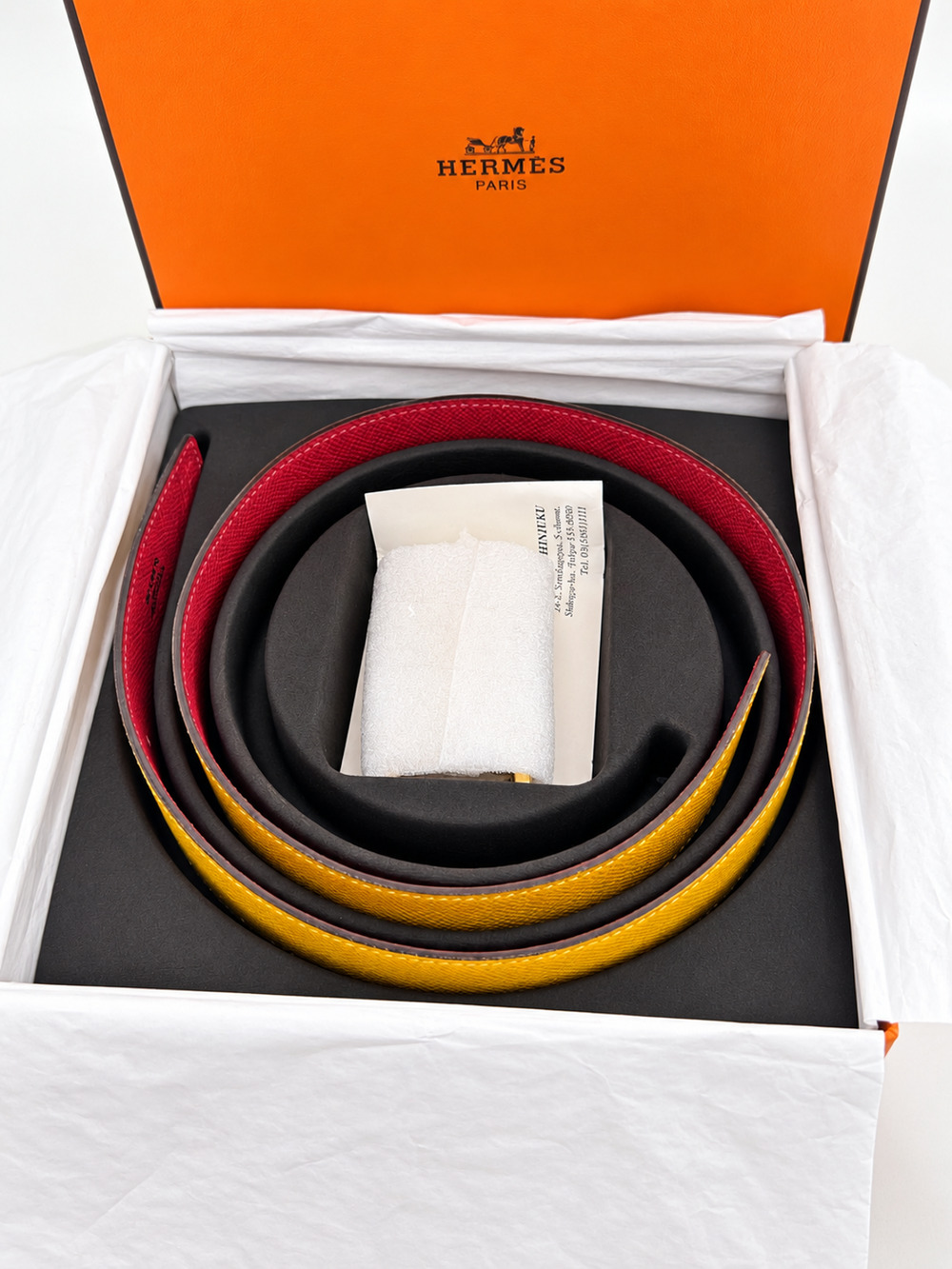 RARE Hermes Constance Reversible Belt 32mm Gold H Buckle Red Yellow Size 85 Box